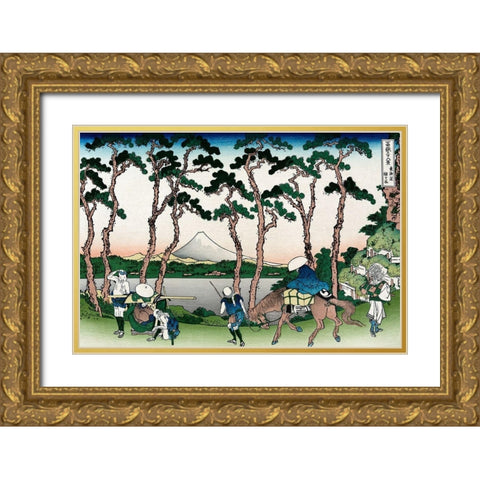 Hodogaya on the Tokaido Road, 1830 Gold Ornate Wood Framed Art Print with Double Matting by Hokusai