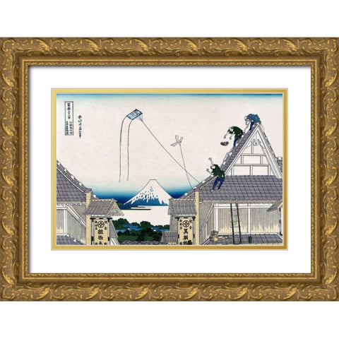 A Ketch of the Mitsui Shop in SurugStreet in Edo, 1830 Gold Ornate Wood Framed Art Print with Double Matting by Hokusai