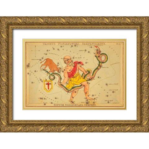 Taurus Poniatowski, Serpentarius, Scutum Sobiesky, and Serpens, 1825 Gold Ornate Wood Framed Art Print with Double Matting by Aspin, Jehoshaphat