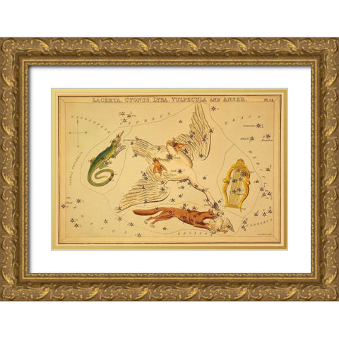Lacerta, Cygnus, Lyra, Vulpecula and Anser, 1825 Gold Ornate Wood Framed Art Print with Double Matting by Aspin, Jehoshaphat