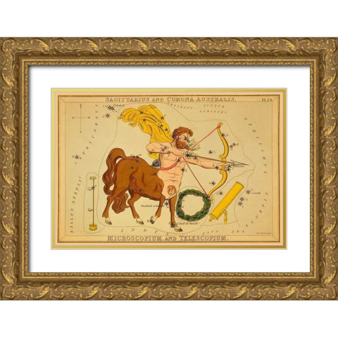Sagittarius and Corona Australis, Microscopium, and Telescopium, 1825 Gold Ornate Wood Framed Art Print with Double Matting by Aspin, Jehoshaphat