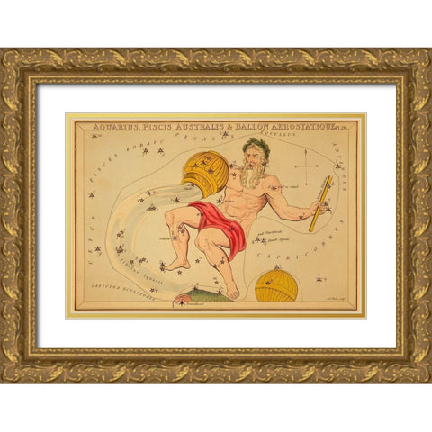 Aquarius, Piscis Australis and Ballon Aerostatique, 1825 Gold Ornate Wood Framed Art Print with Double Matting by Aspin, Jehoshaphat