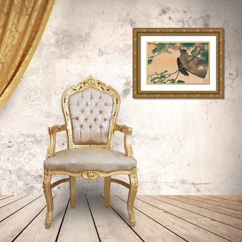 Bird Eating a Grape Gold Ornate Wood Framed Art Print with Double Matting by Kesai, Kuwagata