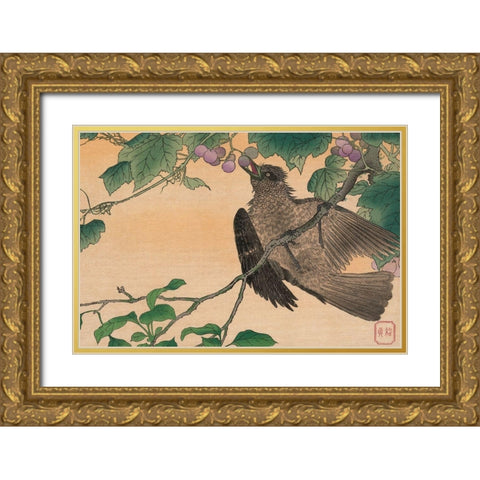 Bird Eating a Grape Gold Ornate Wood Framed Art Print with Double Matting by Kesai, Kuwagata
