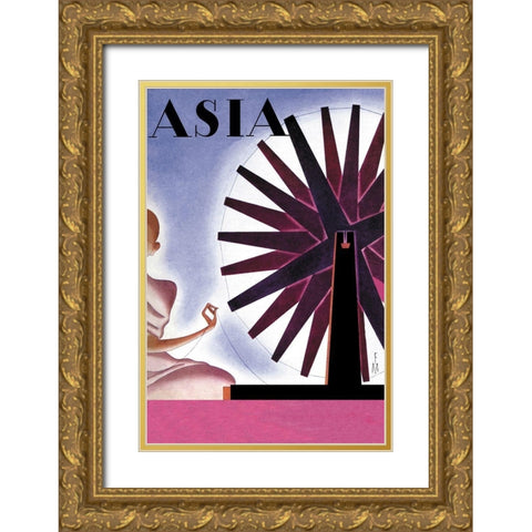 Indias Symbolic Wheel with Title, 1932 Gold Ornate Wood Framed Art Print with Double Matting by McIntosh, Frank