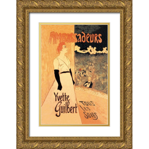 Ambassadeurs: Yvette Guilbert, Tous les Soirs, 1894 Gold Ornate Wood Framed Art Print with Double Matting by Steinlen, Theophile Alexandre