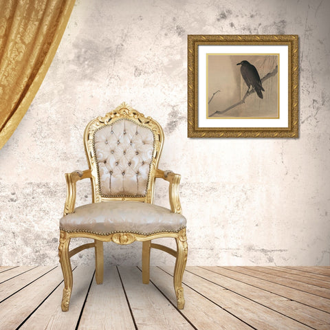 Crow on a willow branch, 1875 Gold Ornate Wood Framed Art Print with Double Matting by Unknown