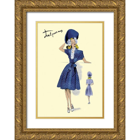 Summer Polka-Dot Dress and Hat, 1947 Gold Ornate Wood Framed Art Print with Double Matting by Unknown