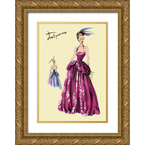 Magenta Evening Gown, 1947 Gold Ornate Wood Framed Art Print with Double Matting by Unknown