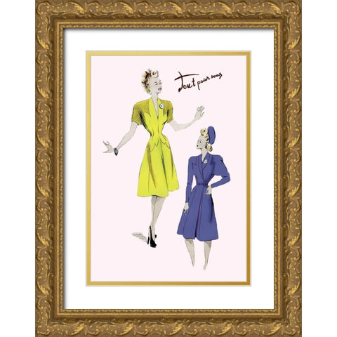 Knee-Length Dresses in Blue and Yellow, 1947 Gold Ornate Wood Framed Art Print with Double Matting by Unknown