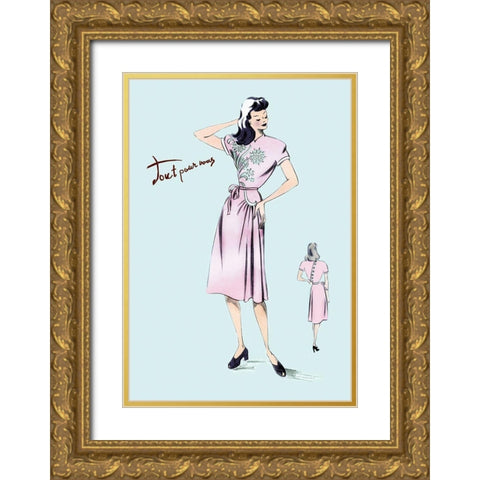 Summer Dress with Oriental Flair, 1947 Gold Ornate Wood Framed Art Print with Double Matting by Unknown