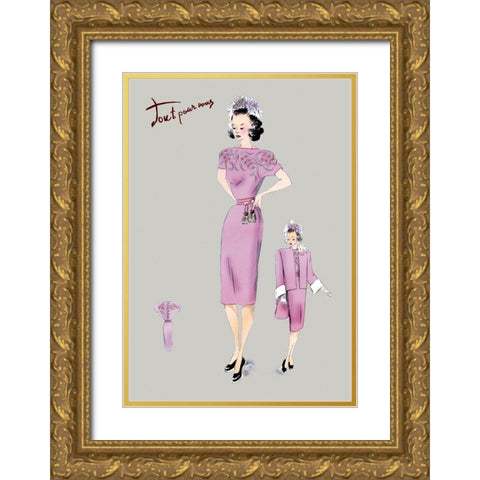 Pink Evening Dress with Overcoat and Hat, 1947 Gold Ornate Wood Framed Art Print with Double Matting by Unknown