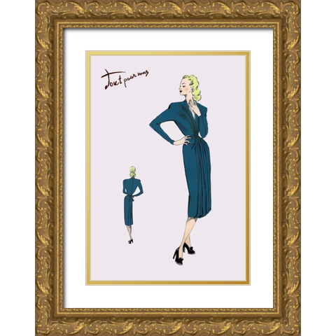 Pleated Long-Sleeved Dress, 1947 Gold Ornate Wood Framed Art Print with Double Matting by Unknown