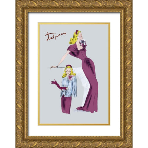 Evening Gown with Fur Cape, 1947 Gold Ornate Wood Framed Art Print with Double Matting by Unknown