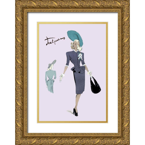 Classy Suit Dress with Hat and Bag, 1947 Gold Ornate Wood Framed Art Print with Double Matting by Unknown