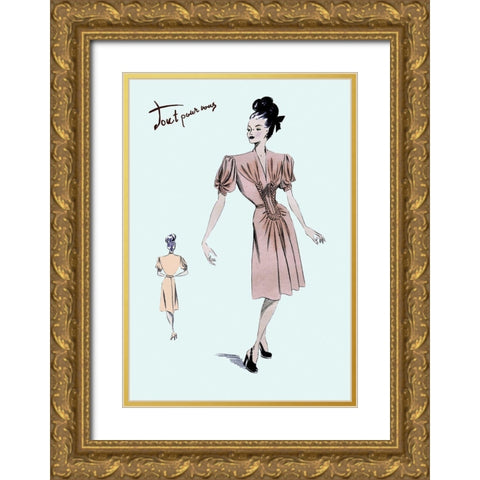 Party Dress with Pleats, 1947 Gold Ornate Wood Framed Art Print with Double Matting by Unknown