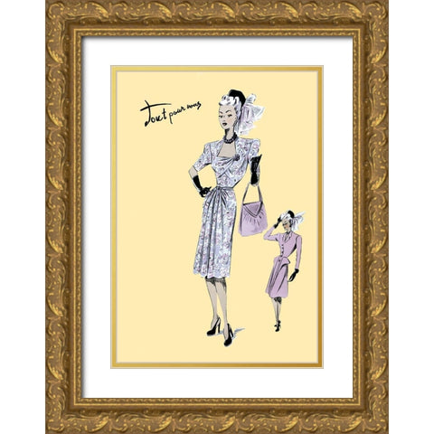 Fashionable Dress with Bag and Hat, 1947 Gold Ornate Wood Framed Art Print with Double Matting by Unknown