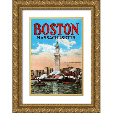 Boston Massachusetts Gold Ornate Wood Framed Art Print with Double Matting by Unknown