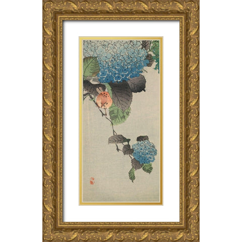 Small bird and hydrangea Gold Ornate Wood Framed Art Print with Double Matting by Unknown
