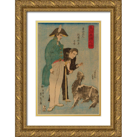 Russians and sheep (Roshiyajin shirasha yo? no zu), 1860 Gold Ornate Wood Framed Art Print with Double Matting by Utagawa, Sadahide