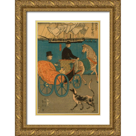 Americans enjoying Sunday in Yokohama (Yokohama kyujitsu Amerikajin yuko), 1861 Gold Ornate Wood Framed Art Print with Double Matting by Utagawa, Sadahide