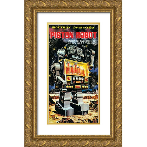 Battery Operated Piston Robot Gold Ornate Wood Framed Art Print with Double Matting by Retrobot