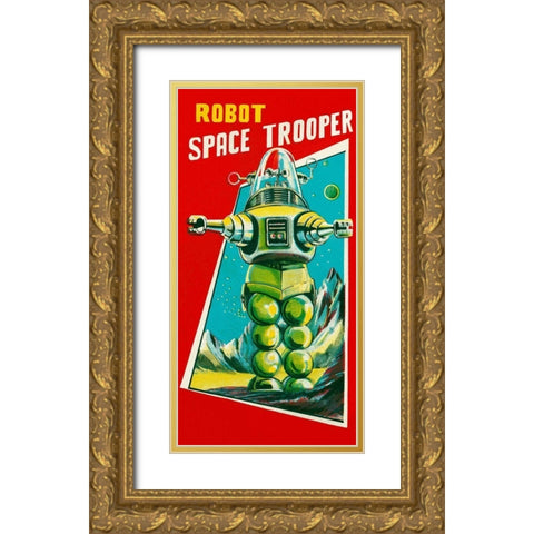 Robot Space Trooper Gold Ornate Wood Framed Art Print with Double Matting by Retrobot