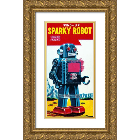 Sparky Robot Gold Ornate Wood Framed Art Print with Double Matting by Retrobot