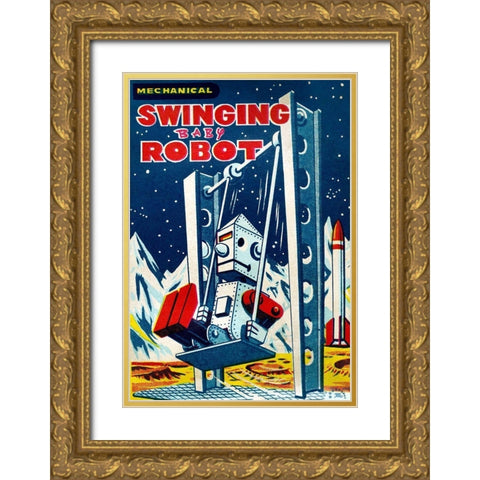 Swinging Baby Robot Gold Ornate Wood Framed Art Print with Double Matting by Retrobot