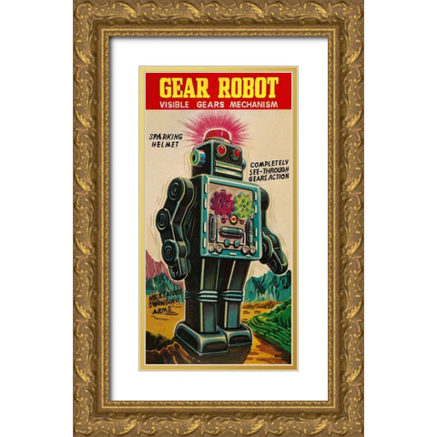 Gear Robot Gold Ornate Wood Framed Art Print with Double Matting by Retrobot