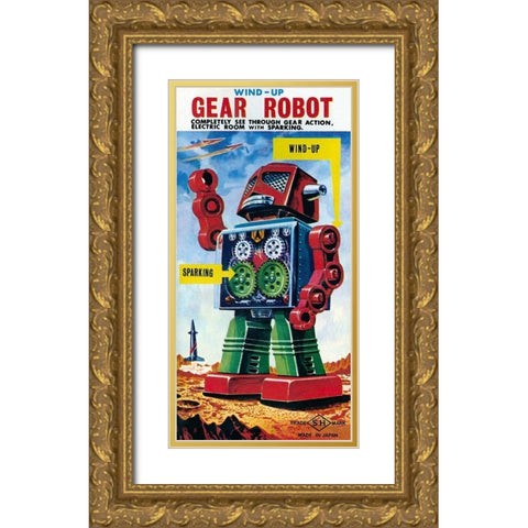 Wind-up Gear Robot Gold Ornate Wood Framed Art Print with Double Matting by Retrobot