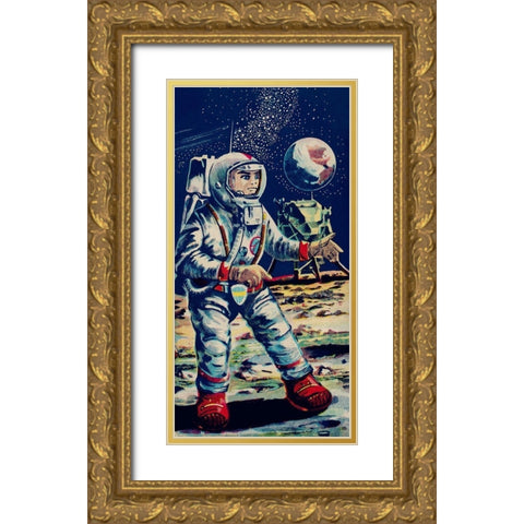 Moon Astronaut Gold Ornate Wood Framed Art Print with Double Matting by Retrobot