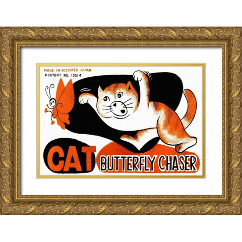 Cat Butterfly Chaser Gold Ornate Wood Framed Art Print with Double Matting by Unknown
