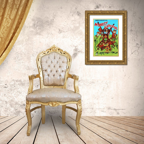 Mechanical Monkey Carousal Gold Ornate Wood Framed Art Print with Double Matting by Retrobot