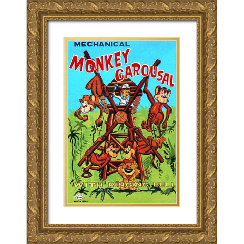 Mechanical Monkey Carousal Gold Ornate Wood Framed Art Print with Double Matting by Retrobot