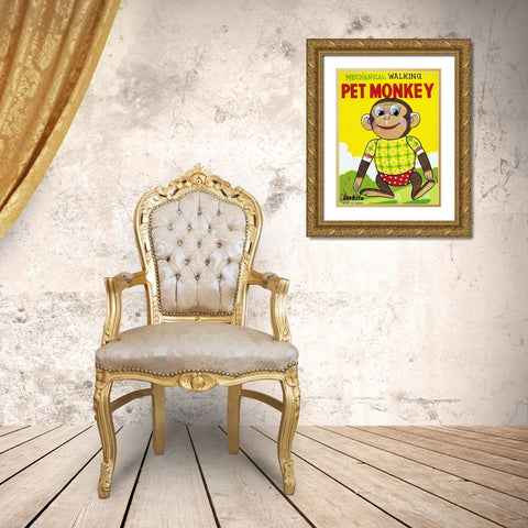Mechanical Walking Pet Monkey Gold Ornate Wood Framed Art Print with Double Matting by Retrobot