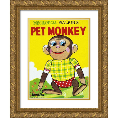 Mechanical Walking Pet Monkey Gold Ornate Wood Framed Art Print with Double Matting by Retrobot