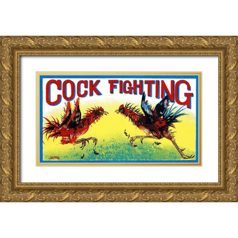 Cock Fighting Gold Ornate Wood Framed Art Print with Double Matting by Retrobot
