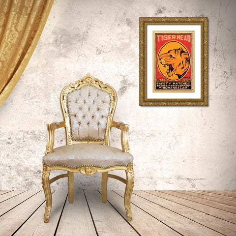 Tiger Head Safety Matches Gold Ornate Wood Framed Art Print with Double Matting by Phillumenart