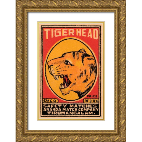 Tiger Head Safety Matches Gold Ornate Wood Framed Art Print with Double Matting by Phillumenart