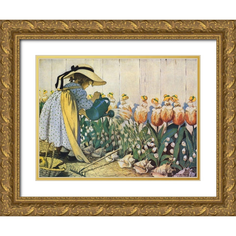 Flowers Being Watered - Mary, Mary Gold Ornate Wood Framed Art Print with Double Matting by Smith, Jesse Willcox