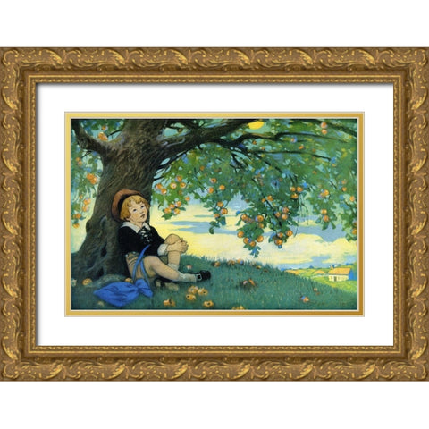 Boy Under an Apple Tree Gold Ornate Wood Framed Art Print with Double Matting by Smith, Jesse Willcox