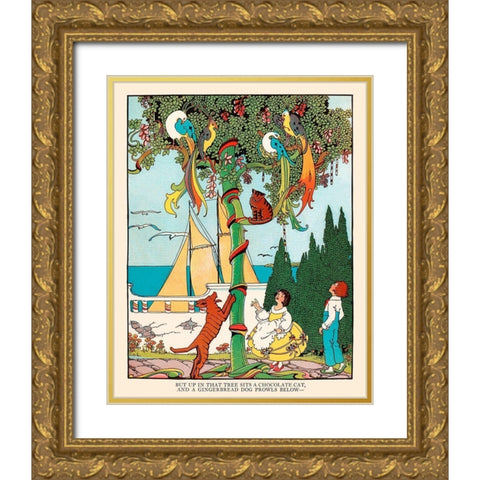 Gingerbread dog chases the Cat and Birds Gold Ornate Wood Framed Art Print with Double Matting by Field, Eugene