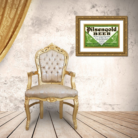 Pilsengold Beer Gold Ornate Wood Framed Art Print with Double Matting by Vintage Booze Labels