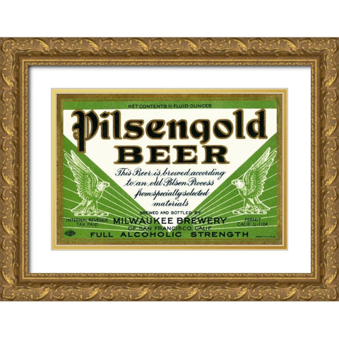 Pilsengold Beer Gold Ornate Wood Framed Art Print with Double Matting by Vintage Booze Labels