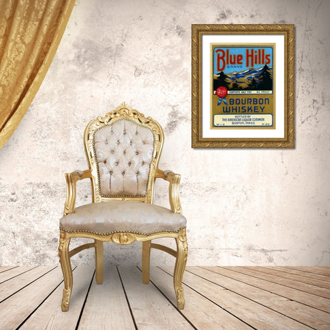 Blue Hills Bourbon Whiskey Gold Ornate Wood Framed Art Print with Double Matting by Vintage Booze Labels