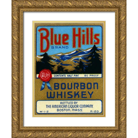 Blue Hills Bourbon Whiskey Gold Ornate Wood Framed Art Print with Double Matting by Vintage Booze Labels
