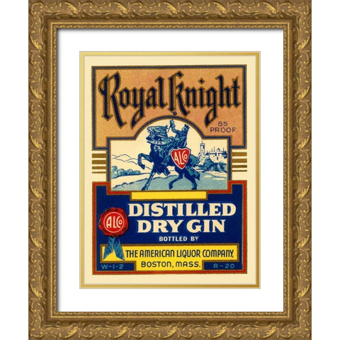 Royal Knight Distilled Dry Gin Gold Ornate Wood Framed Art Print with Double Matting by Vintage Booze Labels