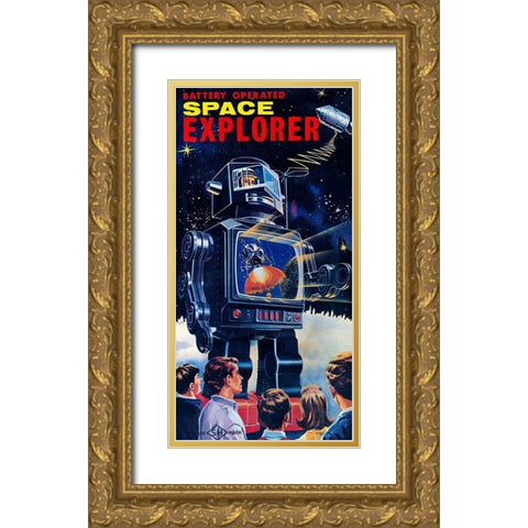 Space Explorer Robot Gold Ornate Wood Framed Art Print with Double Matting by Retrobot