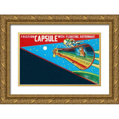 Friction Capsule with Floating Astronaut Gold Ornate Wood Framed Art Print with Double Matting by Retrorocket